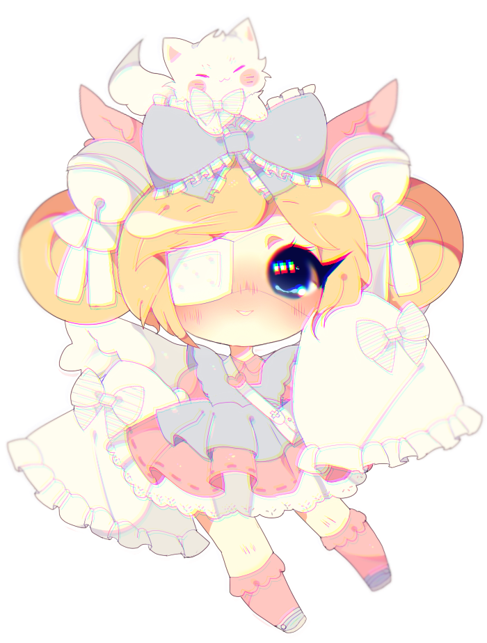 1girl bell black_eyes blonde_hair blue_bow blush bow cat chariko chibi chromatic_aberration commentary commission dress english_commentary eyepatch frilled_bow frilled_sleeves frills full_body hair_bell hair_bow hair_ornament horizontal_stripes long_sleeves looking_at_viewer nose_blush original pink_dress pink_legwear ribbon-trimmed_dress short_hair socks solo striped striped_bow white_background white_bow white_cat white_eyepatch