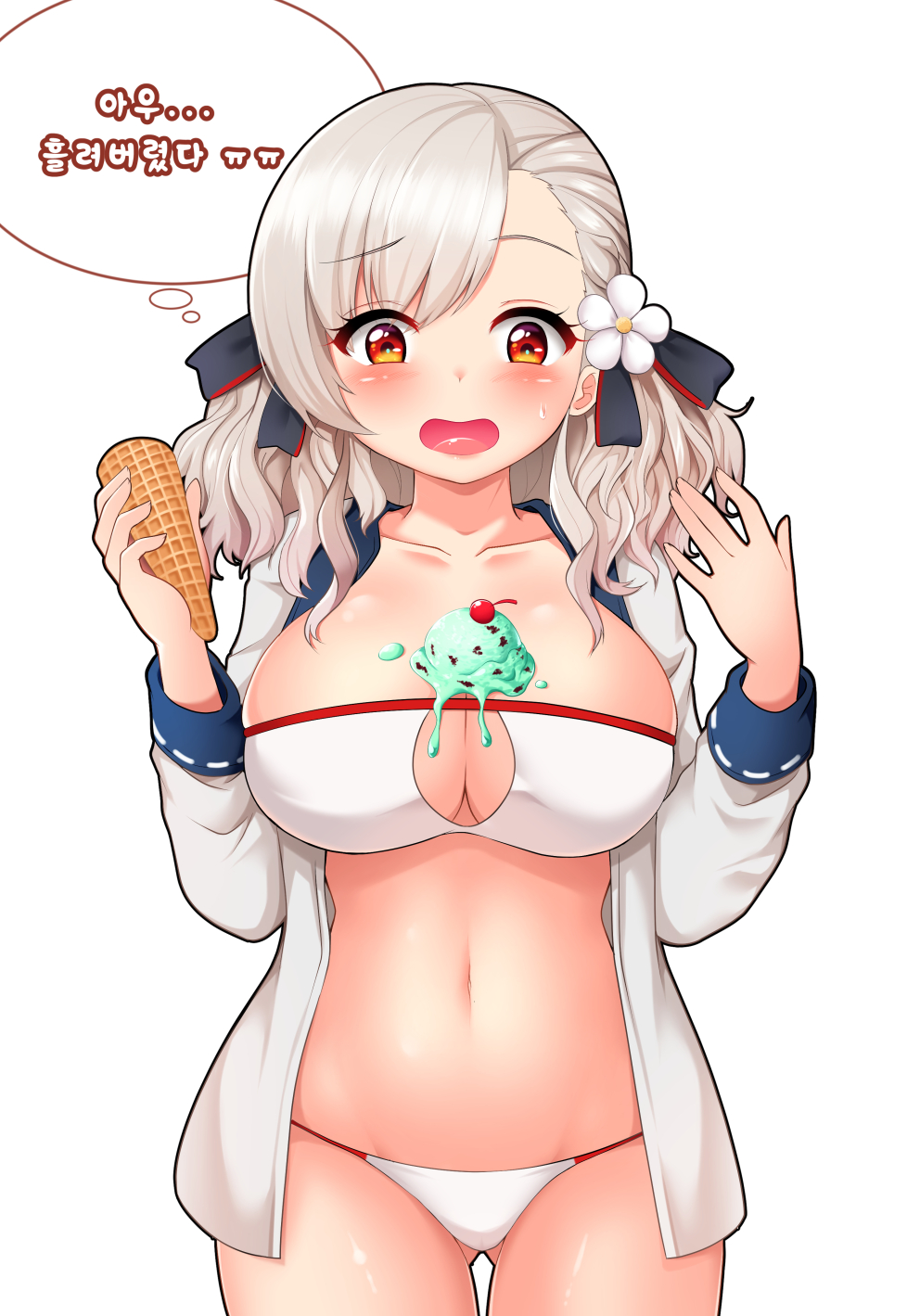 1girl bikini bloody0rabby blush breasts cherry cleavage cone flower food fruit girls_frontline grey_hair gun hair_flower hair_ornament highres ice_cream ice_cream_cone ice_cream_cone_spill jacket korean large_breasts long_hair open_mouth ribbon shiny shiny_skin shotgun spas-12 spas-12_(girls_frontline) swimsuit thick_thighs thighs twintails weapon white_bikini