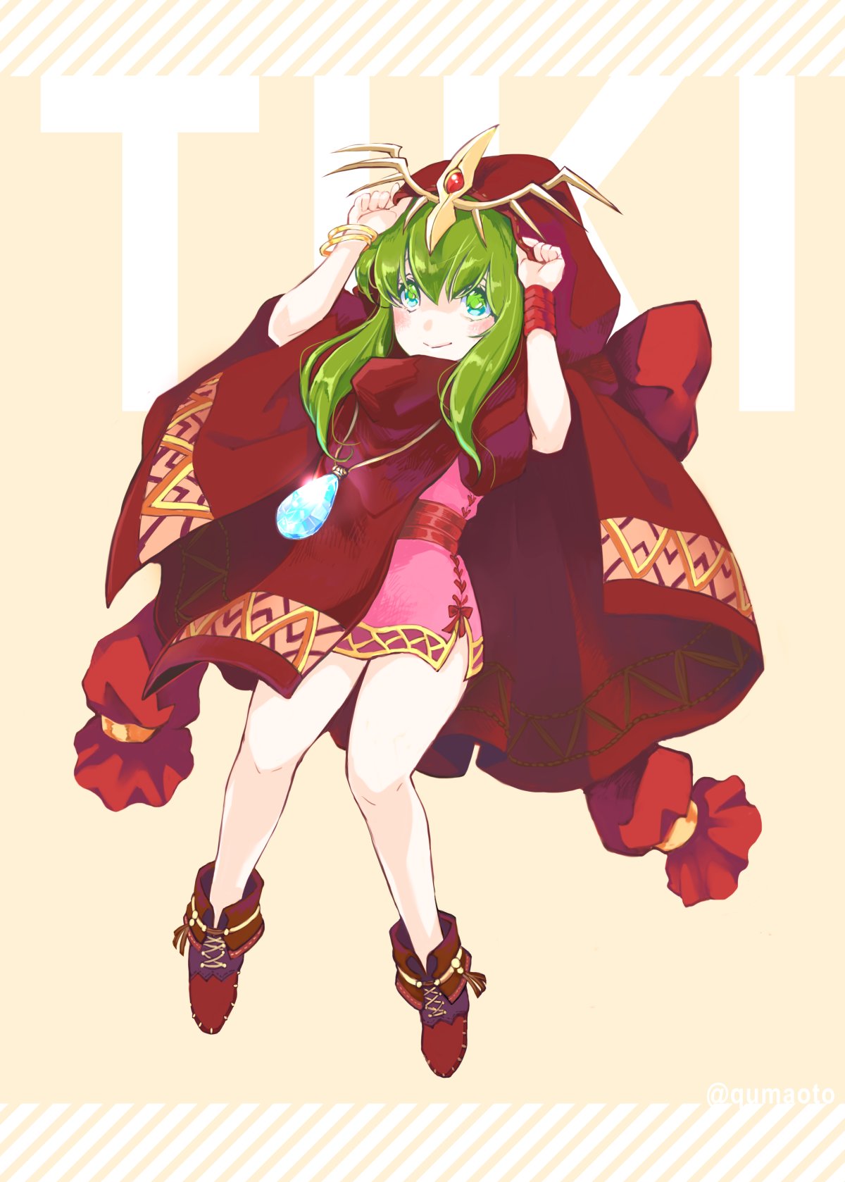 1girl bracelet character_name chiki cloak closed_mouth dress fire_emblem fire_emblem:_mystery_of_the_emblem fire_emblem_heroes full_body green_eyes green_hair highres hood hood_up jewelry mamkute nintendo pink_dress qumaoto short_dress smile solo stone tiara wristband