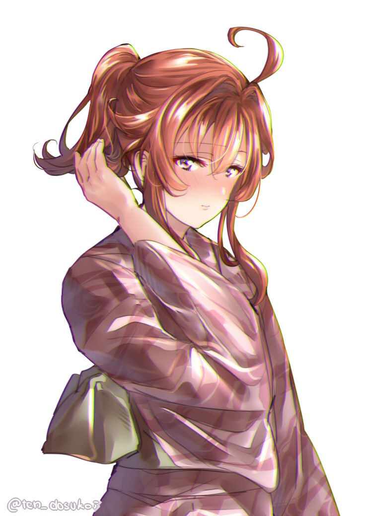 1girl ahoge alternate_costume alternate_hairstyle arashi_(kantai_collection) closed_mouth commentary_request eyebrows_visible_through_hair hair_between_eyes japanese_clothes juurouta kantai_collection kimono long_hair looking_at_viewer orange_hair ponytail simple_background solo twitter_username violet_eyes white_background yukata