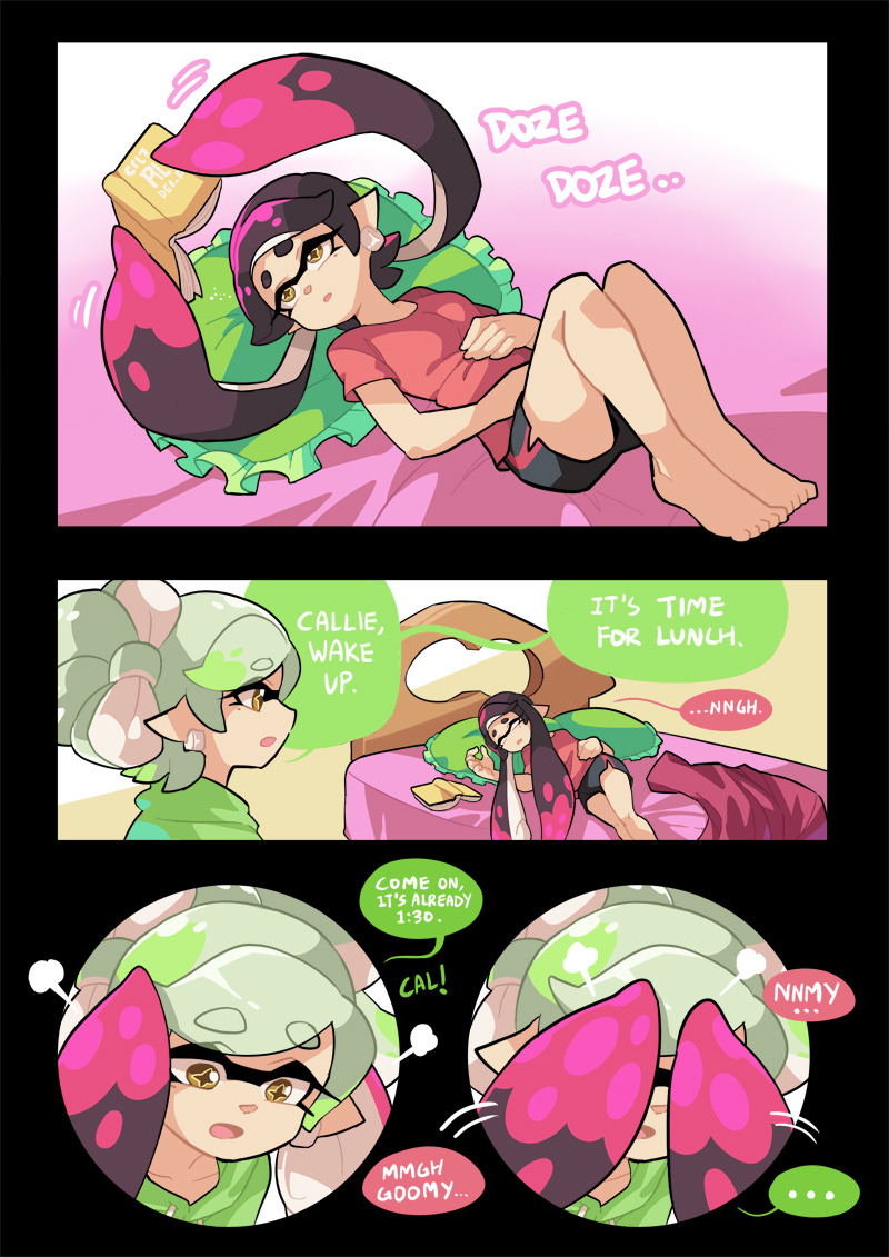+_+ ... 2girls =3 aori_(splatoon) barefoot bed bed_sheet black_hair black_shorts book brown_eyes closed_eyes commentary cousins covering_eyes domino_mask earrings english english_commentary eyebrows_visible_through_hair green_hair green_shirt grey_hair holding holding_book hotaru_(splatoon) jewelry long_hair looking_at_another lying mask mole mole_under_eye motion_lines multicolored_hair multiple_girls nintendo on_back on_bed open_mouth pillow pointy_ears purple_hair reading red_shirt shirt short_hair short_sleeves shorts single_vertical_stripe splatoon spoken_ellipsis standing tentacle_hair two-tone_hair wong_ying_chee