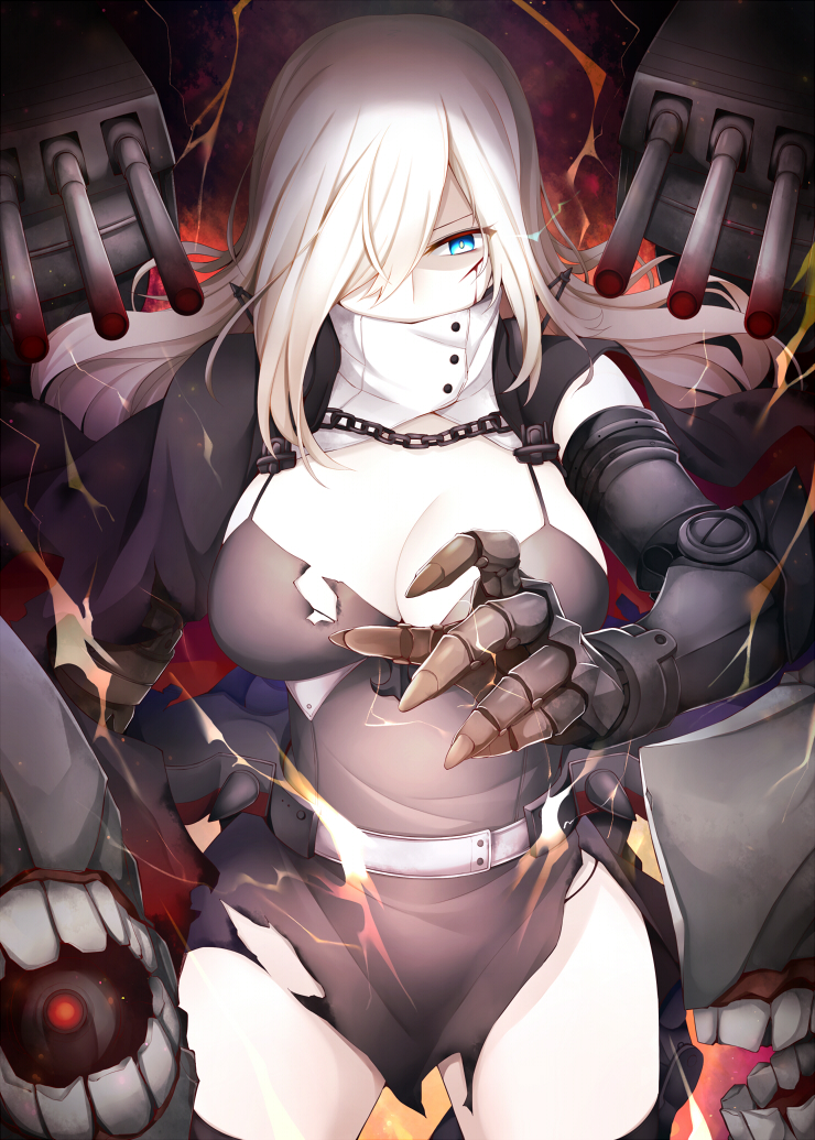 1girl belt blood blood_on_face blue_eyes breasts cape chains claws european_water_hime facial_scar gauntlets hair_over_one_eye injury kantai_collection large_breasts long_hair machinery mechanical_arm rui_shi_(rayze_ray) scar shaded_face shinkaisei-kan solo teeth torn_clothes turret white_hair white_skin