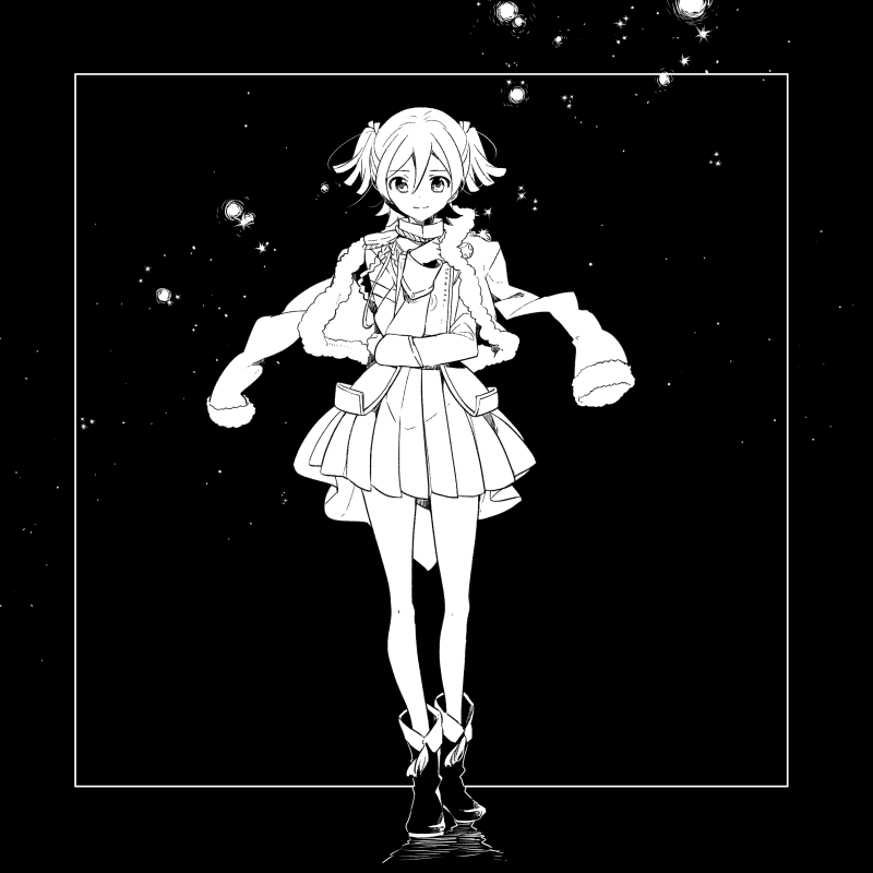 1girl bangs boots closed_mouth daiba_nana epaulettes eyebrows_visible_through_hair fur-trimmed_jacket fur_trim greyscale hair_between_eyes hair_ribbon hami_(lvct) jacket jacket_on_shoulders long_sleeves looking_at_viewer monochrome pleated_skirt ribbon shoujo_kageki_revue_starlight skirt smile solo standing twintails