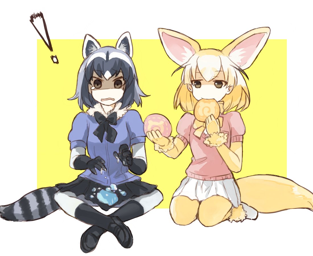 ! 2girls animal_ears bangs black_footwear black_gloves black_legwear black_skirt blue_shirt bodystocking bow bowtie brown_eyes commentary common_raccoon_(kemono_friends) eating extra_ears fennec_(kemono_friends) fork fox_ears fox_tail frown fur_collar gloves grey_hair hairband holding holding_fork indian_style japari_symbol kemono_friends loafers looking_at_viewer medium_hair miniskirt multicolored_hair multiple_girls open_mouth outside_border pink_sweater pleated_skirt puffy_short_sleeves puffy_sleeves raccoon_ears raccoon_tail seiza shadow sharing_food shirt shoes short_sleeves silver_hair sitting skirt socks striped_tail sweater tail tearing_up wavy_mouth white_footwear white_skirt yellow_background yellow_gloves yellow_hairband yellow_neckwear yuuyu_(777)