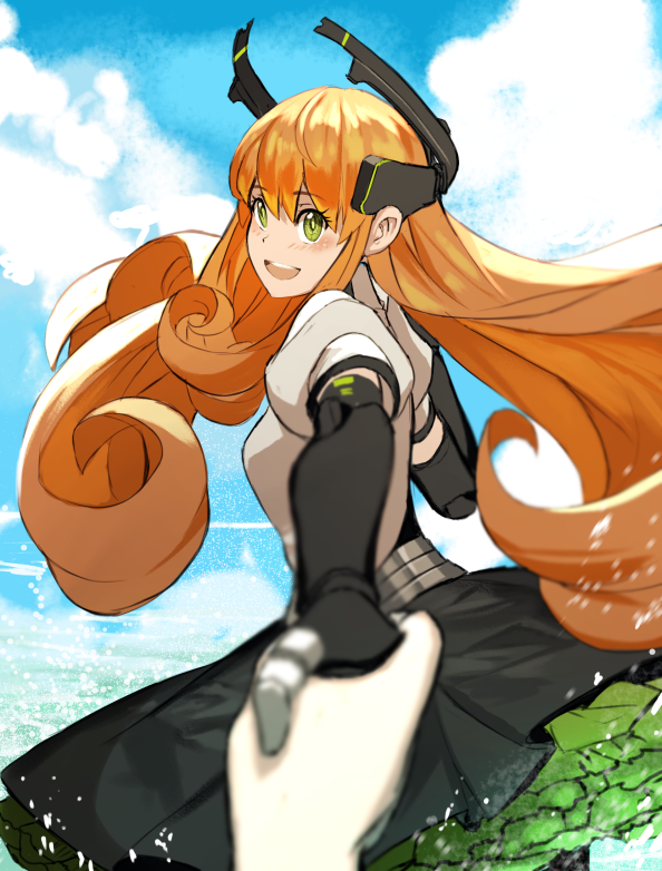 1girl ahoge bangs black_legwear blush bow breasts curly_hair dishwasher1910 dress eyebrows_visible_through_hair freckles green_eyes hair_between_eyes hair_bow hand_holding holding long_hair looking_at_viewer open_mouth orange_hair penny_polendina rwby smile solo very_long_hair