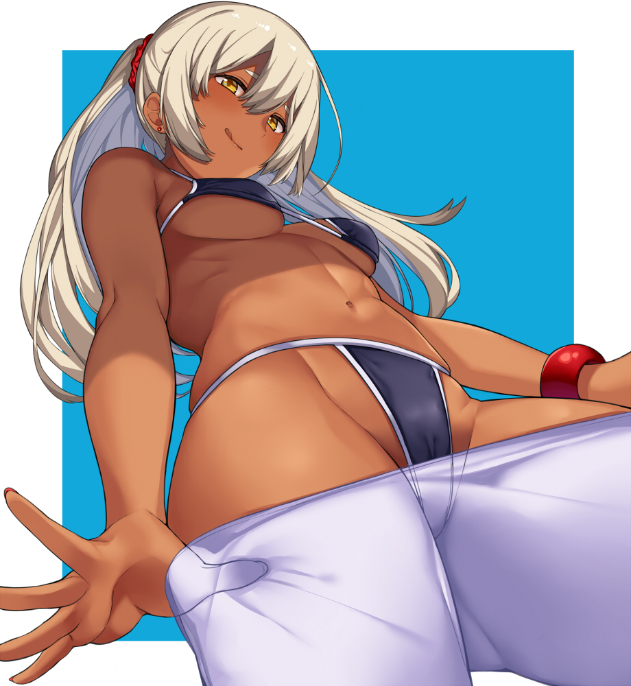 1girl :q bare_shoulders bikini black_bikini blonde_hair bracelet breasts brown_eyes contrapposto cowboy_shot dark_skin earrings foreshortening from_below grey_hair hai_ookami hair_between_eyes jewelry long_hair looking_at_viewer looking_down medium_breasts navel original pants_pull pantyhose pantyhose_pull ponytail simple_background solo stud_earrings swimsuit thighs tongue tongue_out under_boob yellow_eyes