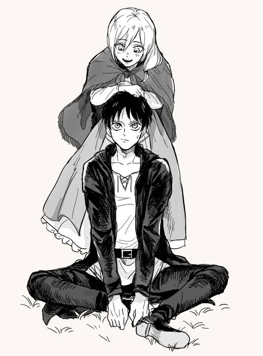 1boy 1girl blush christa_renz eren_yeager monochrome shingeki_no_kyojin smile tonshi