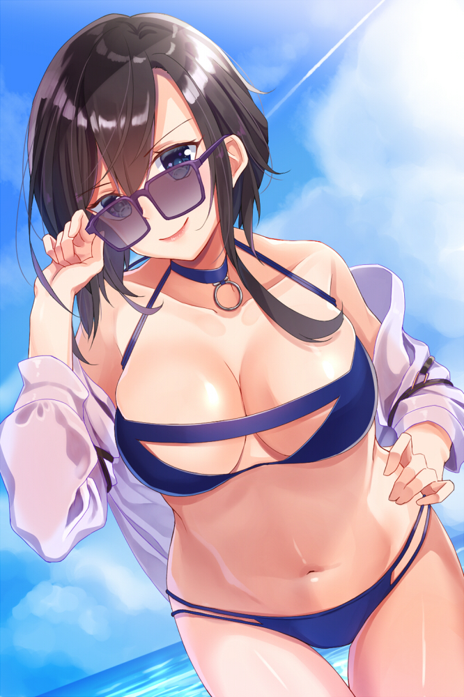 1girl adjusting_eyewear ark_royal_(azur_lane) asakura_with_azu azur_lane bikini black_hair blue_bikini blue_eyes breasts choker cleavage commentary_request hair_between_eyes hand_on_hip large_breasts leaning_forward navel ocean off-shoulder_shirt shirt short_hair solo sunglasses swimsuit thigh_gap