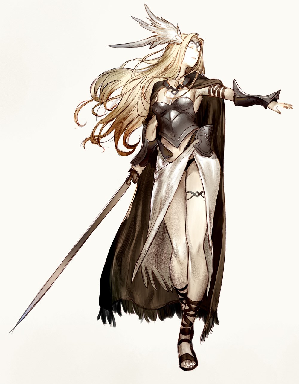 1girl blonde_hair breasts closed_eyes closed_mouth full_body head_wings highres holding holding_sword holding_weapon keemu_(occhoko-cho) long_hair long_legs outstretched_arm sandals solo sword weapon white_background