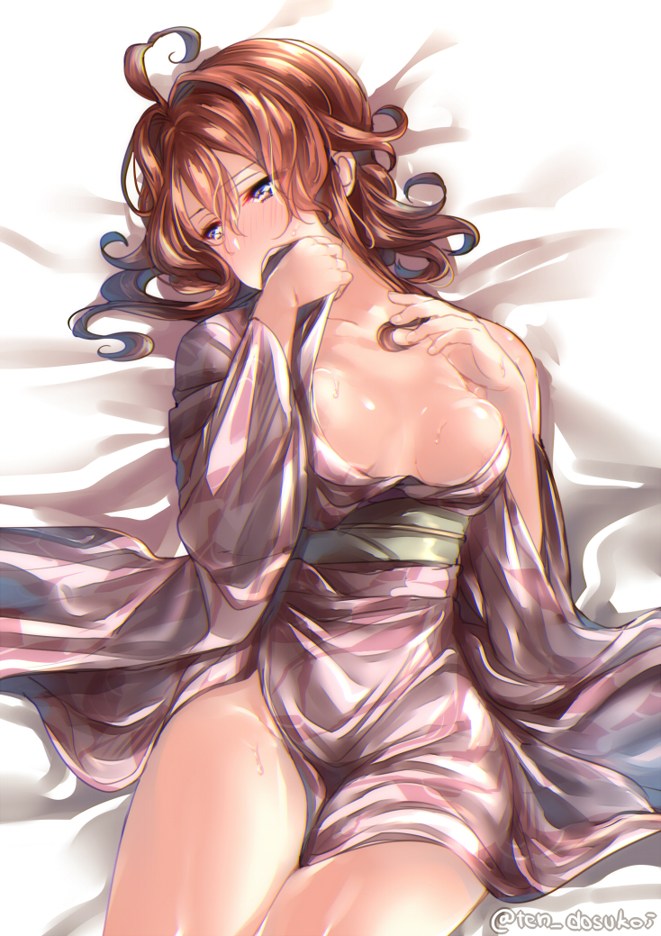 1girl ahoge arashi_(kantai_collection) blush breasts eyebrows_visible_through_hair japanese_clothes juurouta kantai_collection kimono long_sleeves lying medium_hair messy_hair obi on_back redhead sash small_breasts solo sweat sweatdrop twitter_username violet_eyes yukata