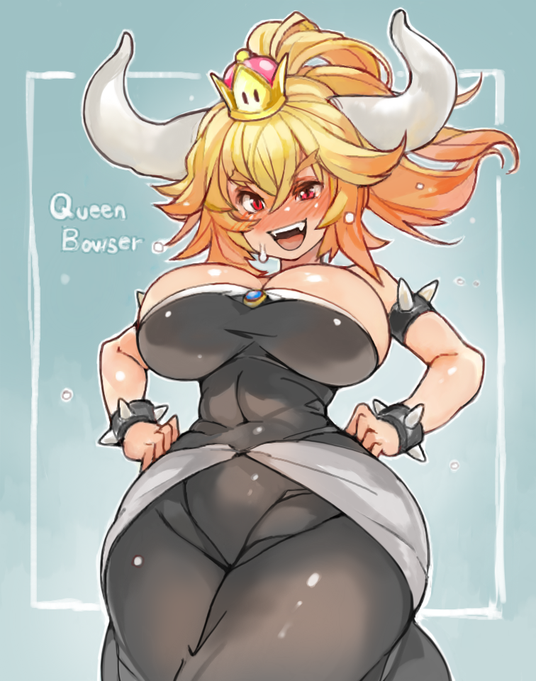 1girl black_dress blonde_hair blush bowsette bracelet breasts character_name cleavage covered_navel crown dress fangs hands_on_hips hips horns jewelry large_breasts super_mario_bros. new_super_mario_bros._u_deluxe nintendo open_mouth ponytail red_eyes sachito sleeveless sleeveless_dress spiked_armlet spiked_bracelet spikes strapless strapless_dress super_crown sweatdrop upper_body wide_hips