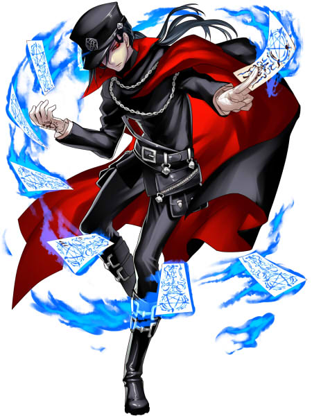 1boy belt black_cape black_footwear black_hair black_pants black_shirt blue_fire cape fire full_body gloves long_hair looking_at_viewer male_focus official_art ofuda pants ponytail red_cape red_eyes sanzenkai_no_avatar shirt snail8 standing standing_on_one_leg white_gloves