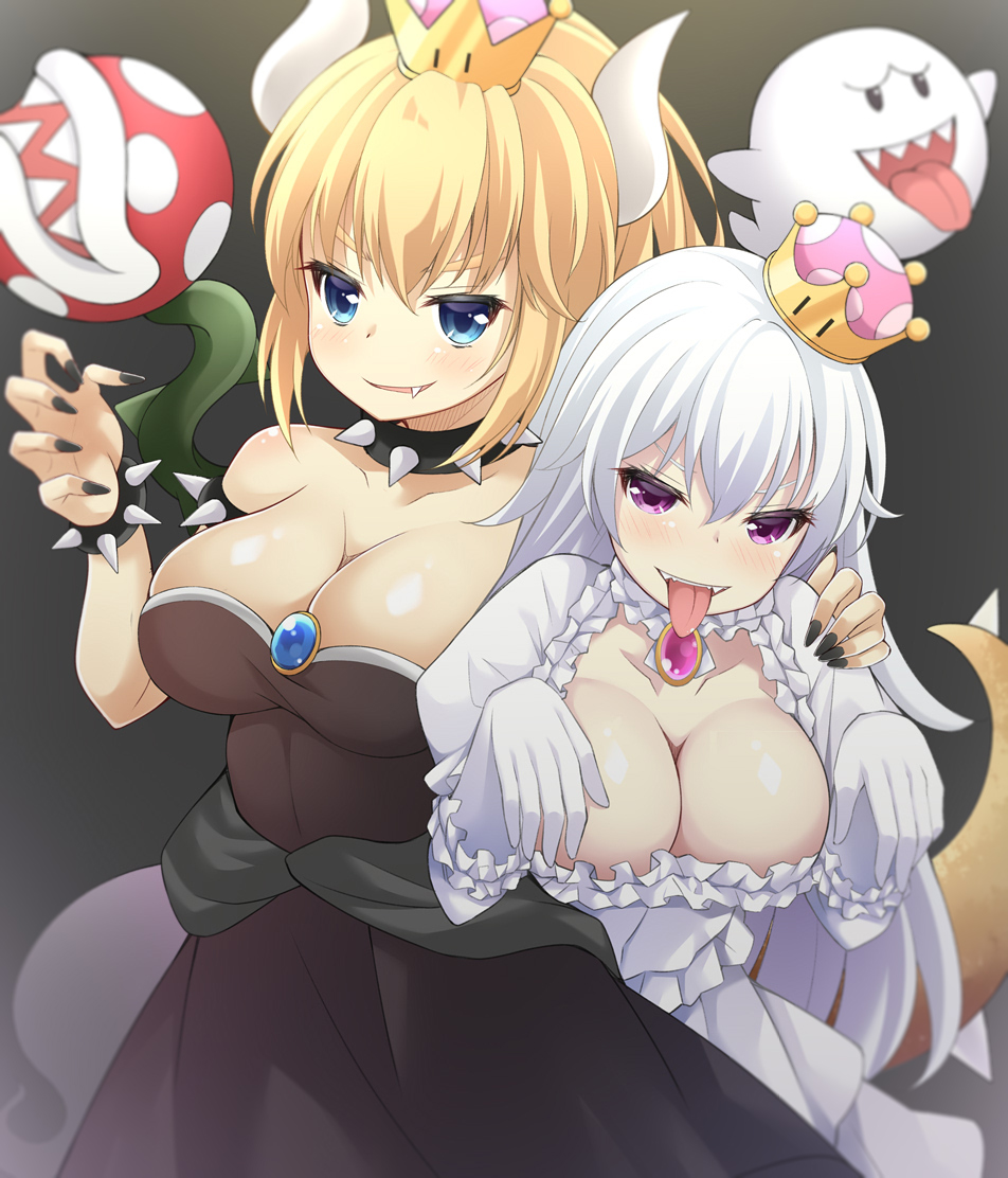 2girls :d armlet bangs black_collar black_dress black_nails blonde_hair blue_eyes blush boo bowsette bracelet breasts cleavage collar commentary_request dress elbow_gloves eyebrows_visible_through_hair fang fingernails frilled_dress frills ghost_pose gloves grey_background hair_between_eyes jewelry large_breasts long_hair luigi's_mansion maccha super_mario_bros. multiple_girls nail_polish new_super_mario_bros._u_deluxe nintendo open_mouth parted_lips piranha_plant princess_king_boo puffy_short_sleeves puffy_sleeves sharp_teeth short_sleeves smile spiked_armlet spiked_bracelet spiked_collar spiked_tail spikes strapless strapless_dress super_crown tail tail_raised teeth tongue tongue_out very_long_hair violet_eyes white_dress white_gloves white_hair