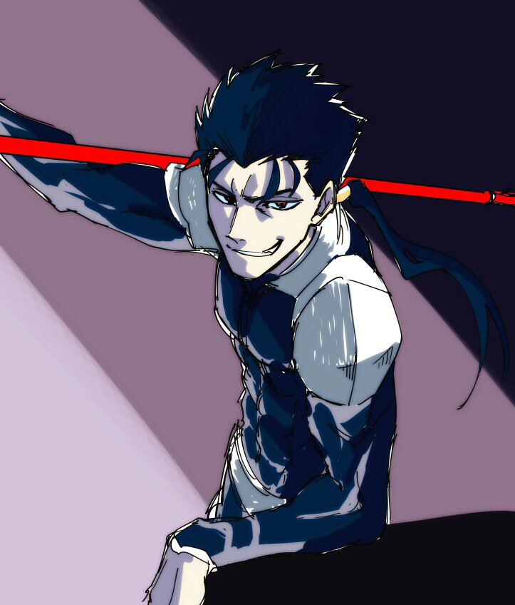 1boy armor blue_hair commentary_request fate/grand_order fate/stay_night fate_(series) gae_bolg lancer looking_at_viewer on_shoulder pauldrons polearm ponytail red_eyes shiromanta smirk spear weapon