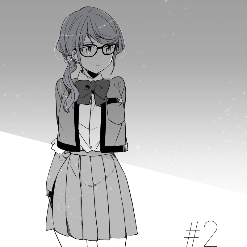 1girl arm_behind_back arm_grab bangs bell bow collared_shirt cowboy_shot eyebrows_visible_through_hair glasses greyscale hair_bell hair_ornament hami_(lvct) hoshimi_junna jacket jingle_bell long_hair looking_away looking_to_the_side low_ponytail monochrome open_clothes open_jacket pleated_skirt ponytail school_uniform shirt shoujo_kageki_revue_starlight skirt solo