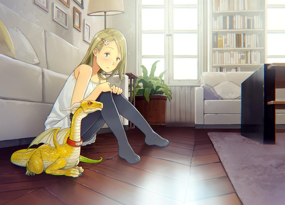 1girl black_legwear blue_eyes blush book bookshelf brown_hair closed_mouth collar couch day dragon hair_ornament hairclip indoors lamp looking_at_viewer original pantyhose plant potted_plant sitting solo table window yoshida_seiji