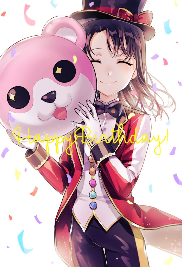 +_+ 1girl :3 ^_^ bang_dream! bangs black_neckwear black_pants bow bowtie closed_eyes closed_eyes confetti cowboy_shot facing_viewer formal gloves happy_birthday hat hat_bow holding jacket mascot_head medium_hair michelle_(bang_dream!) okusawa_misaki pants pom_pom_(clothes) red_bow red_jacket shirt smile solo suit tiny_(tini3030) top_hat white_background white_gloves white_shirt