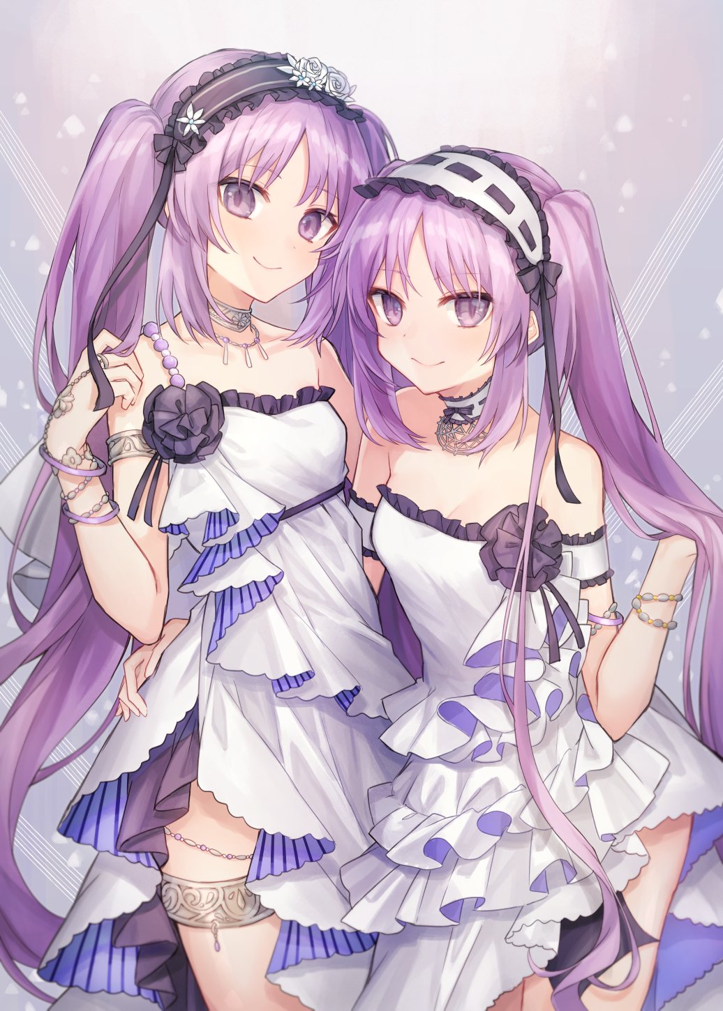 .com_(cu_105) arm_around_waist bare_shoulders choker dress euryale fate/hollow_ataraxia fate_(series) hairband highres lolita_hairband long_hair looking_at_viewer purple_hair short_dress siblings sisters smile stheno strapless strapless_dress thighlet twins twintails very_long_hair violet_eyes white_dress