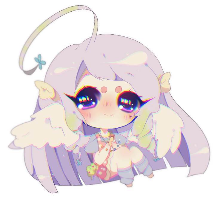 1girl ahoge blue_legwear blue_shirt chariko chibi commentary_request knees_together_feet_apart lavender_hair long_hair looking_at_viewer original shirt short_sleeves simple_background socks solo spread_wings violet_eyes white_background white_wings wings
