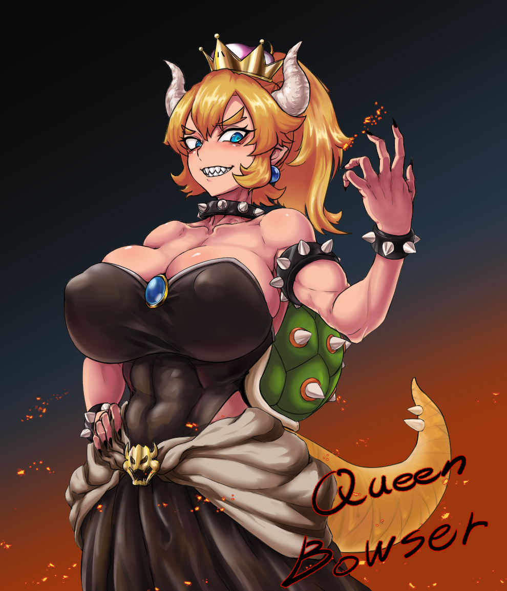 1girl abs bangs bare_shoulders black_leotard black_nails black_skirt blonde_hair blue_earrings blue_eyes blush bowsette breasts brooch character_name cleavage collarbone commentary cowboy_shot embers erect_nipples eyebrows_visible_through_hair fingernails gradient_sky grin hair_between_eyes hand_on_hip highleg highleg_leotard hips horns huge_breasts impossible_clothes impossible_leotard jewelry leotard light_blue_eyes long_hair long_ponytail long_skirt looking_at_viewer super_mario_bros. muscle muscular_female nail_polish new_super_mario_bros._u_deluxe night night_sky nintendo parallax05 pointy_ears ponytail pose sapphire_(stone) sharp_fingernails sharp_teeth shiny shiny_clothes shiny_hair shiny_skin sidelocks skindentation skirt sky smile solo spiked_shell spiked_tail standing strapless strapless_leotard super_crown teeth thighs waist_cape