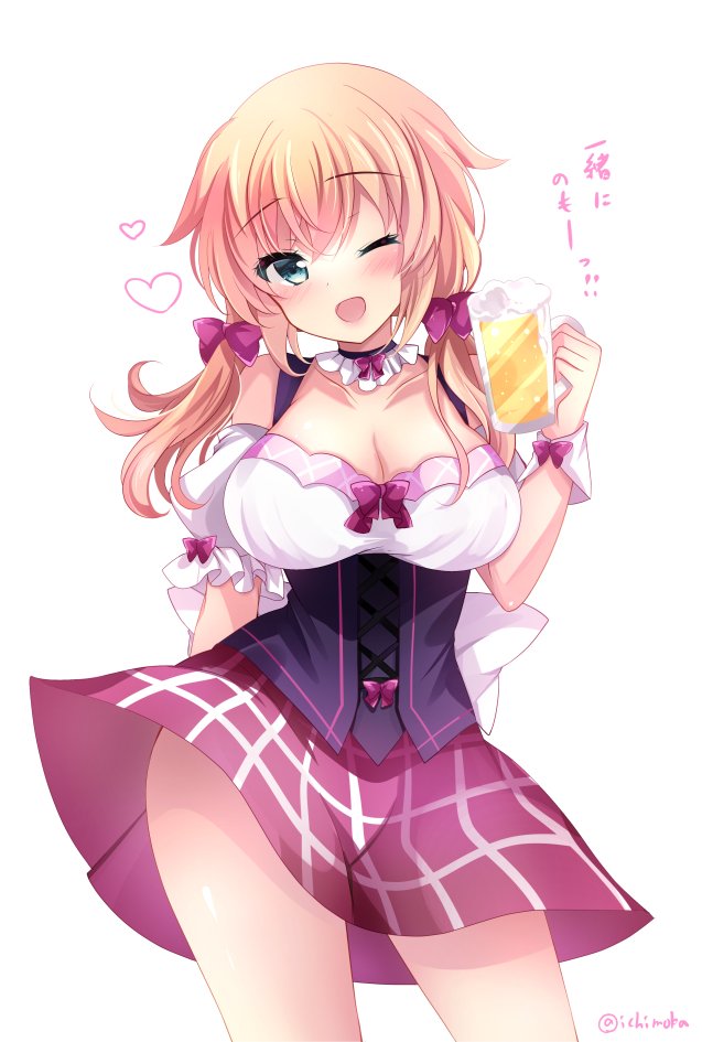 1girl alcohol aqua_eyes beer beer_mug blonde_hair breasts cleavage commentary_request cowboy_shot dirndl german_clothes ichiyou_moka kantai_collection large_breasts looking_at_viewer low_twintails open_mouth pink_skirt prinz_eugen_(kantai_collection) simple_background skirt solo twintails white_background wrist_cuffs