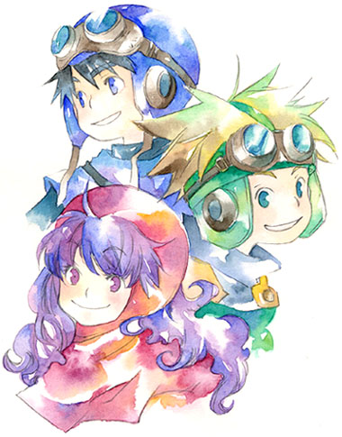 1girl commentary_request curly_hair dragon_quest dragon_quest_ii goggles goggles_on_head goggles_on_headwear hat hood hood_up long_hair looking_at_viewer lowres migii_(tenra_banshou) multiple_boys prince_of_lorasia prince_of_samantoria princess princess_of_moonbrook purple_hair short_hair traditional_media violet_eyes watercolor_(medium)