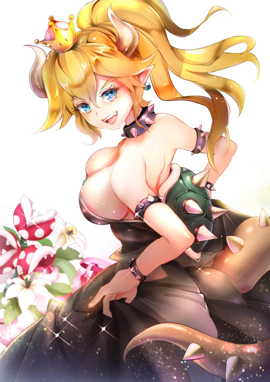 1girl :d armlet bare_shoulders black_collar black_dress black_nails blonde_hair blue_earrings borrowed_design bowser bowsette bracelet breasts cleavage collar commentary crown dress earrings english_commentary from_side genderswap hair_between_eyes highres holding_dress horns jewelry large_breasts super_mario_bros. nail_polish new_super_mario_bros._u_deluxe nintendo open_mouth piranha_plant plant pointy_ears ponytail sharp_teeth smile spiked_armlet spiked_bracelet spiked_collar spiked_shell spiked_tail spikes strapless strapless_dress suoni_(deeperocean) super_crown super_mario_bros. tail teeth transformation turtle_shell