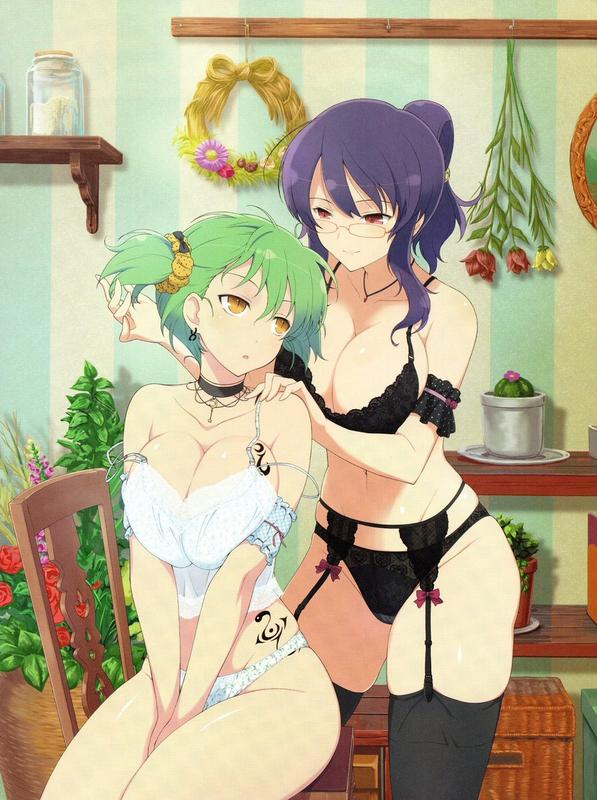 2girls black_bra black_panties bra breasts character_request cleavage garter_belt glasses green_hair hikage_(senran_kagura) lace large_breasts lingerie multiple_girls navel official_art open_mouth panties purple_hair senran_kagura senran_kagura_new_wave slit_pupils smile tattoo thigh-highs underwear underwear_only white_panties yellow_eyes