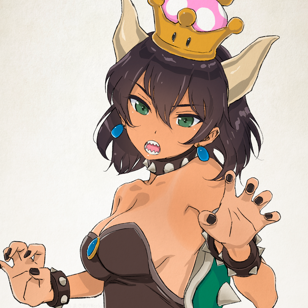 1girl akagi_(fmttps) artist_name bangs black_dress black_hair black_nails borrowed_design bowsette bowsette_(cosplay) bracelet breasts claw_pose cleavage collar commentary_request cosplay crown dark_skin dress eyebrows_visible_through_hair frown girls_und_panzer green_eyes grey_background head_tilt horns hoshino_(girls_und_panzer) jewelry looking_at_viewer super_mario_bros. medium_breasts nail_polish new_super_mario_bros._u_deluxe nintendo open_mouth short_hair solo spiked_armlet spiked_bracelet spiked_collar spiked_shell spikes standing strapless strapless_dress super_crown tan tanline turtle_shell twitter_username upper_body
