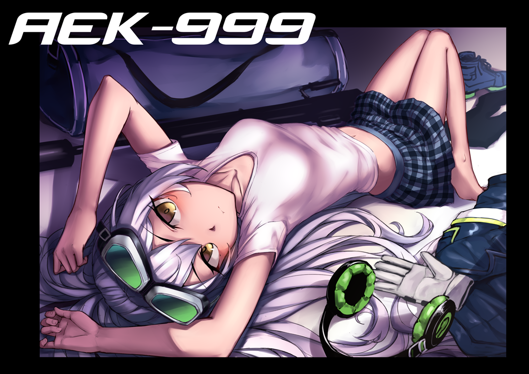 1girl aek-999 aek-999_(girls_frontline) arms_up bag bangs barefoot black_legwear blue_footwear blue_jacket blue_skirt breasts brown_eyes character_name closed_mouth collarbone duffel_bag ear_protection eyebrows_visible_through_hair girls_frontline gloves gloves_removed goggles goggles_on_head gun hair_between_eyes jacket jacket_removed long_hair looking_at_viewer lying machine_gun midriff navel object_namesake on_back pantyhose pantyhose_removed plaid plaid_skirt ryuinu shirt shoes shoes_removed short_sleeves sidelocks silver_hair skirt small_breasts solo very_long_hair weapon white_gloves white_shirt
