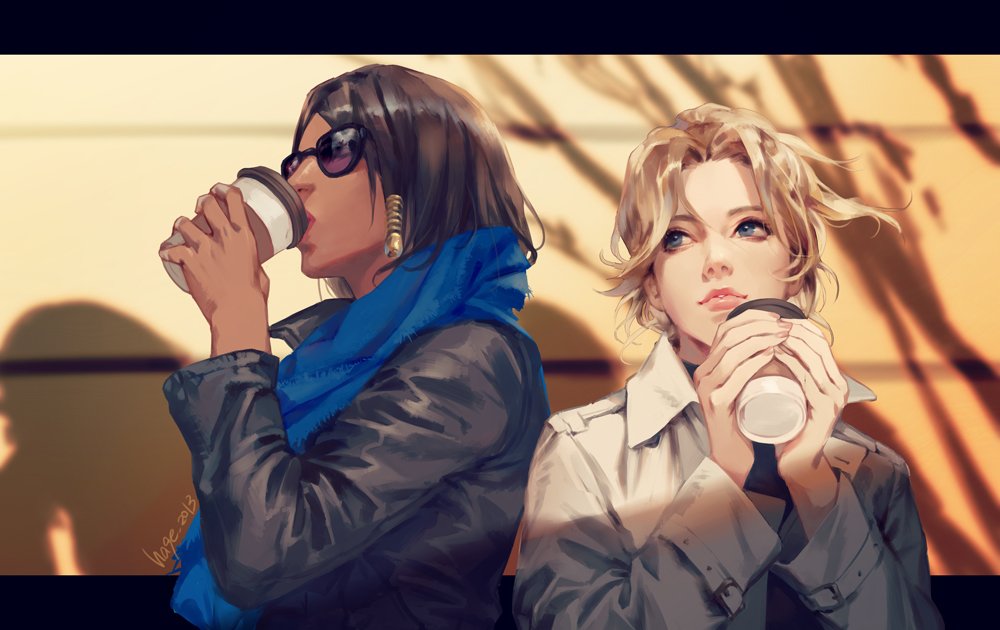 2girls black_hair black_jacket blonde_hair blue_eyes blue_scarf character_request coffee coffee_cup commentary_request copyright_request cup dark_skin disposable_cup holding holding_cup jacket multiple_girls sae_(revirth) scarf shadow sunglasses white_jacket