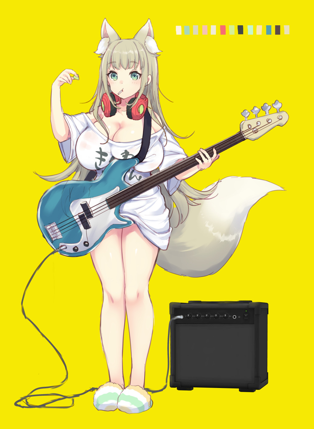 1girl amplifier animal_ear_fluff animal_ears bangs bass_guitar blush bottomless breasts cleavage clothes_writing convenient_censoring extra_ears fox_ears fox_tail full_body green_eyes headphones headphones_around_neck highres huge_breasts instrument long_hair looking_at_viewer miyano_ururu naked_shirt no_panties off-shoulder_shirt original plectrum shirt simple_background slippers solo tail translated white_shirt