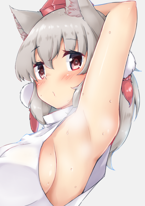 1girl animal_ear_fluff animal_ears bare_shoulders blush breasts hat inubashiri_momiji large_breasts looking_at_viewer onomiya pom_pom_(clothes) red_eyes shirt short_hair sideboob silver_hair sleeveless sleeveless_shirt solo sweat tokin_hat touhou turtleneck white_shirt wolf_ears