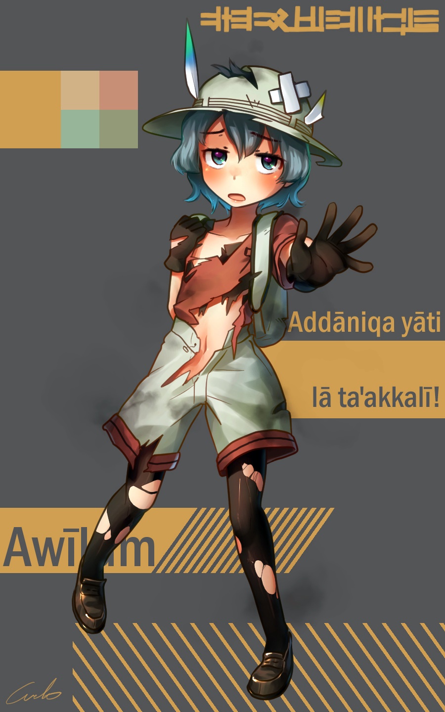 1girl backpack bag black_footwear black_gloves black_legwear blue_eyes blue_hair collarbone commentary_request crossed_bandaids eyebrows_visible_through_hair full_body gloves hat hat_feather highres kaban_(kemono_friends) kemono_friends language_request legwear_under_shorts looking_at_viewer navel open_mouth outstretched_arm pantyhose red_shirt shirt shoes short_hair shorts signature simple_background solo torn_clothes torn_gloves torn_hat torn_pantyhose torn_shirt torn_shorts translation_request welt_(kinsei_koutenkyoku) white_hat white_shorts