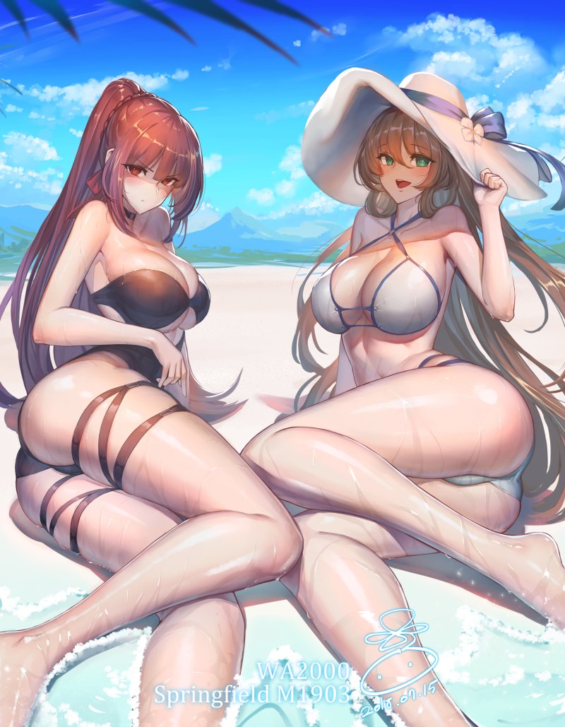 2girls bangs beach bikini blunt_bangs breasts brown_bikini brown_hair cleavage clouds cloudy_sky commentary_request eyebrows_visible_through_hair girls_frontline green_eyes hair_ribbon hair_rings half_updo hat hat_ribbon large_breasts long_hair m1903_springfield_(girls_frontline) mountain multiple_girls outdoors palms ponytail purple_hair red_eyes ribbon sidelocks sky suertee34 sun_hat swimsuit title very_long_hair wa2000_(girls_frontline) water white_bikini