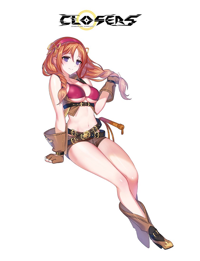 1girl arm_support boots braid breasts brown_gloves brown_shorts cleavage closers cola copyright_name fingerless_gloves full_body gloves hair_ribbon hairband holding holding_hair invisible_chair long_hair medium_breasts midriff navel official_art orange_hair red_bikini_top red_hairband ribbon shiny shiny_skin short_shorts shorts sitting smile solo stomach under_boob violet_eyes white_background yellow_ribbon