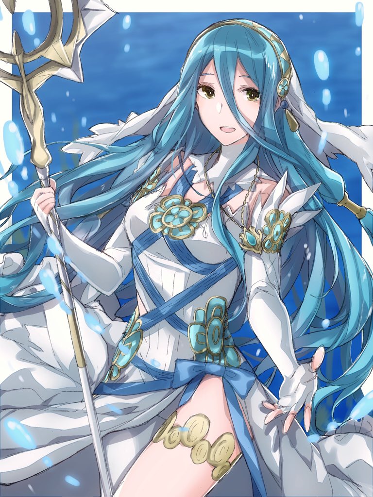 1girl aiueo1234853 aqua_(fire_emblem_if) blue_background blue_hair dress elbow_gloves fingerless_gloves fire_emblem fire_emblem_if gloves hair_between_eyes holding holding_spear holding_weapon jewelry long_hair necklace nintendo open_mouth polearm simple_background solo spear veil weapon white_dress yellow_eyes