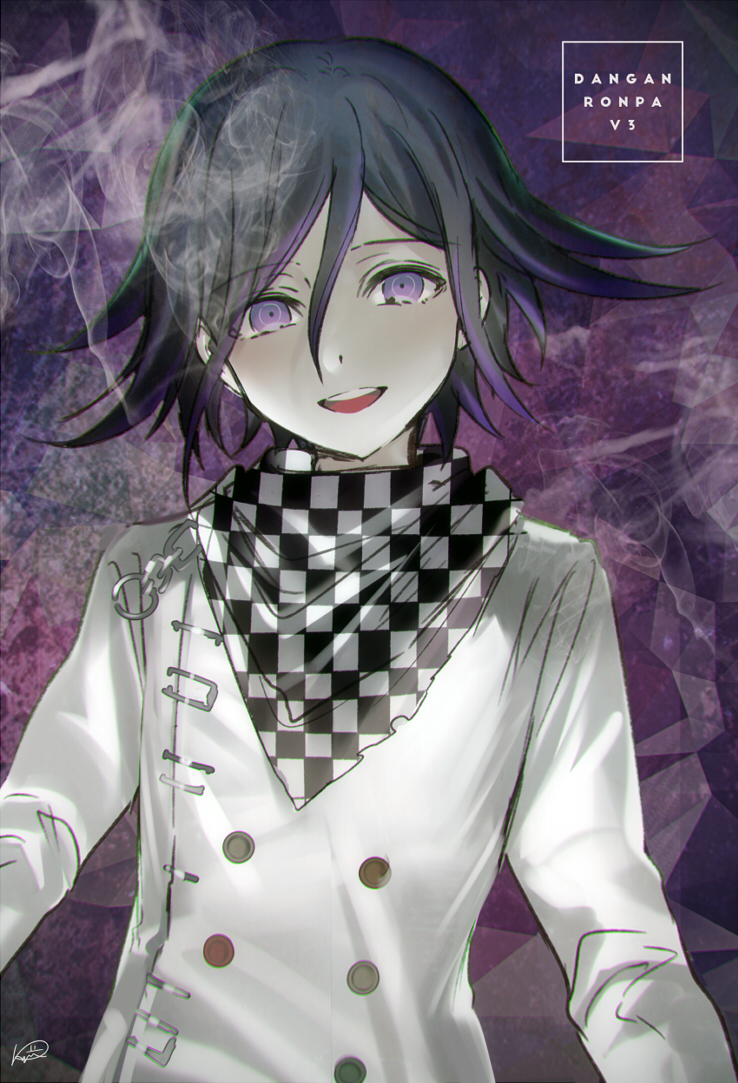 1boy :d black_hair chains checkered checkered_neckwear copyright_name cravat dangan_ronpa double-breasted eyebrows_visible_through_hair hair_between_eyes head_tilt kippu long_sleeves looking_at_viewer male_focus messy_hair multicolored_hair new_dangan_ronpa_v3 open_mouth ouma_kokichi pale_skin purple_background purple_hair ringed_eyes round_teeth safety_pin signature smile smoke solo streaked_hair teeth unmoving_pattern upper_body upper_teeth white_coat