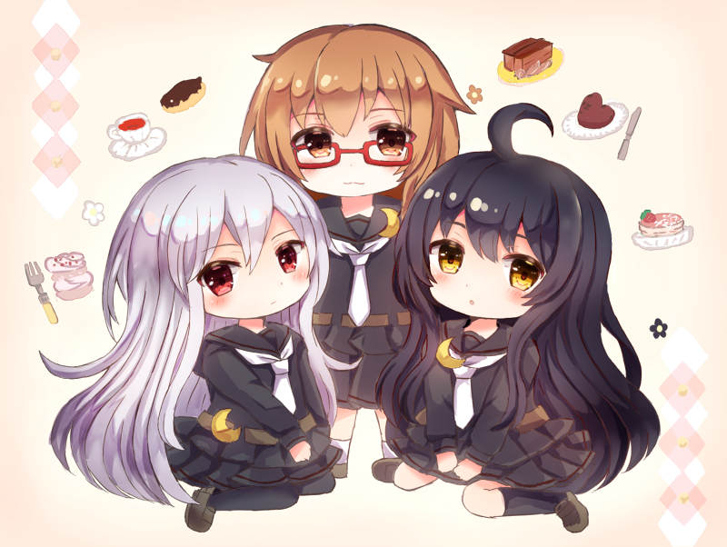 3girls :o ahoge black_hair black_legwear black_sailor_collar black_serafuku black_shirt black_skirt blush brown_eyes brown_footwear brown_hair chibi closed_mouth crescent crescent_moon_pin glasses kantai_collection kikuzuki_(kantai_collection) kneehighs light_smile loafers long_hair long_sleeves mazeru_(jisjifin) mikazuki_(kantai_collection) mochizuki_(kantai_collection) multiple_girls necktie pantyhose parted_lips pleated_skirt red-framed_eyewear red_eyes sailor_collar school_uniform serafuku shirt shoes silver_hair sitting skirt standing very_long_hair wariza white_legwear white_neckwear yellow_eyes