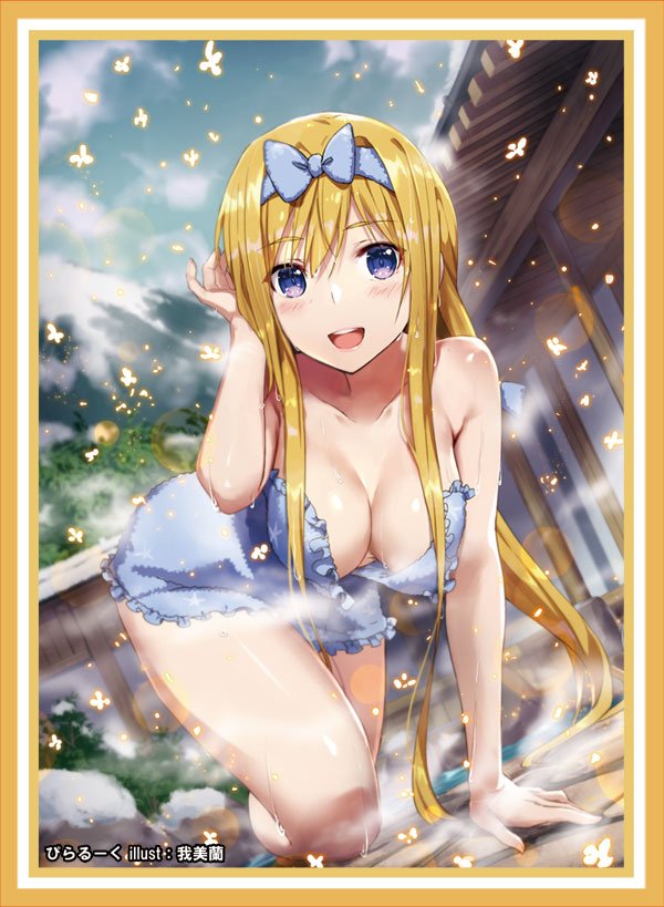 1girl alice_schuberg all_fours artist_name blonde_hair blue_bow blue_eyes blue_towel bow breasts cleavage collarbone frilled_towel gabiran hair_bow hand_in_hair large_breasts long_hair looking_at_viewer naked_towel ocean outdoors solo steam sword_art_online towel towel_on_head very_long_hair