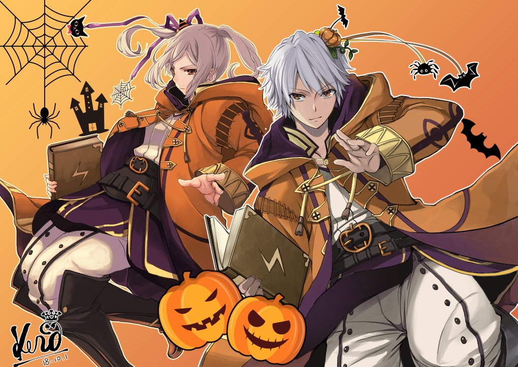 1boy 1girl cape dual_persona female_my_unit_(fire_emblem:_kakusei) fire_emblem fire_emblem:_kakusei fire_emblem_heroes halloween halloween_costume hat kero_sweet long_hair looking_at_viewer male_my_unit_(fire_emblem:_kakusei) mamkute my_unit_(fire_emblem:_kakusei) nintendo pumpkin robe short_hair simple_background smile tiara twintails white_hair witch_hat