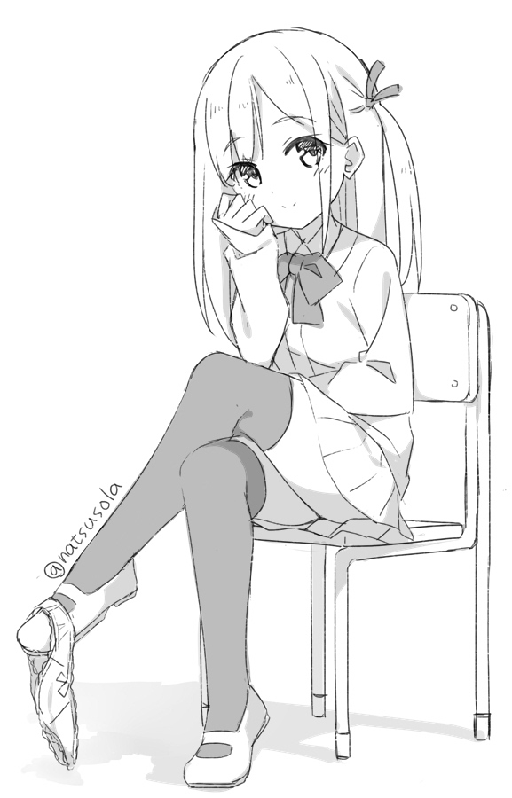 1girl bangs blush bow bow_panties cardigan chair closed_mouth collared_shirt eyebrows_visible_through_hair greyscale hair_ribbon hatsunatsu head_tilt legs_crossed long_hair long_sleeves looking_at_viewer monochrome on_chair one_side_up original panties panties_around_leg pleated_skirt ribbon school_chair shadow shirt shoes sidelocks sitting skirt sleeves_past_wrists smile solo thigh-highs twitter_username underwear uwabaki white_background