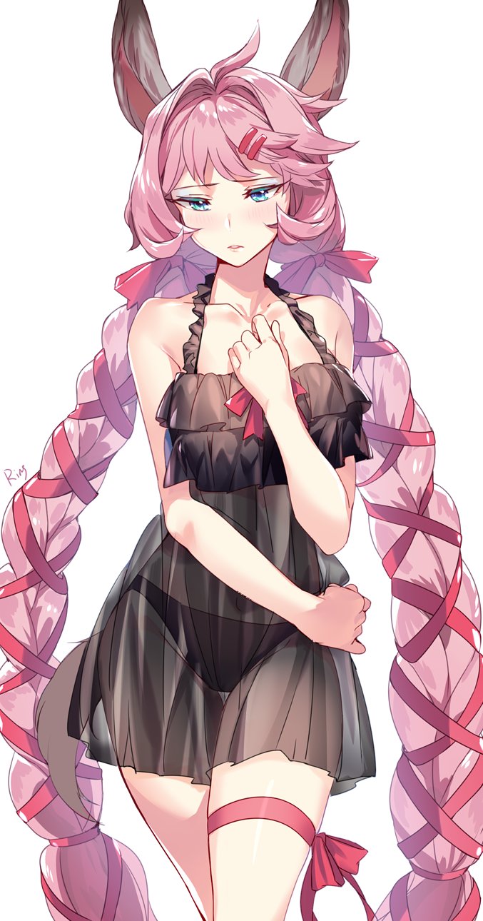 1girl absurdly_long_hair aki663 alternate_costume black_panties blue_eyes blush braid embarrassed erune esser granblue_fantasy highres long_hair panties pink_hair ribbon see-through sleepwear twin_braids twintails underwear very_long_hair white_background