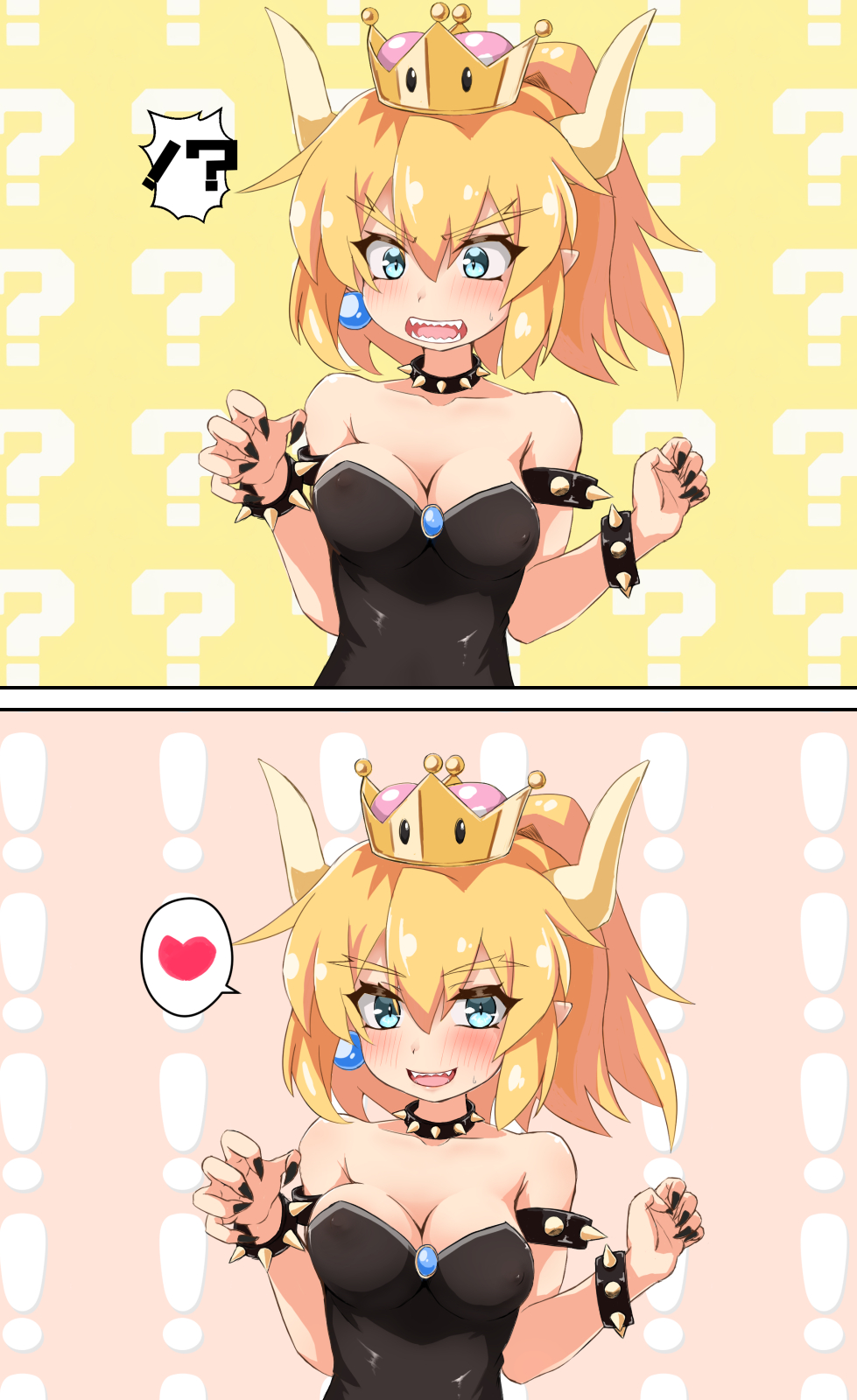 ! !? 1girl 2koma ? bangs bare_shoulders black_dress black_nails blonde_hair blue_eyes blush bowsette bracelet breasts claw_pose cleavage collar comic crown dress eyebrows_visible_through_hair gem hair_between_eyes heart highres horns jewelry koda long_hair looking_at_viewer super_mario_bros. medium_breasts multiple_views nail_polish new_super_mario_bros._u_deluxe nintendo open_mouth pointy_ears ponytail sharp_teeth smile speech_bubble spiked_armlet spiked_bracelet spiked_collar spiked_shell spikes spoken_heart strapless strapless_dress super_crown sweatdrop teeth upper_body