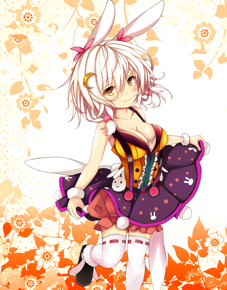 1girl animal_ears bangs bare_shoulders black_footwear blush breasts cleavage closed_mouth collarbone cowboy_shot eyebrows_visible_through_hair floral_background flower_knight_girl hair_ornament holding looking_at_viewer ribbon-trimmed_legwear ribbon_trim short_hair sleeveless smile solo standing standing_on_one_leg suzume_(simple0091) symbol-shaped_pupils thigh-highs white_hair white_legwear yellow_eyes