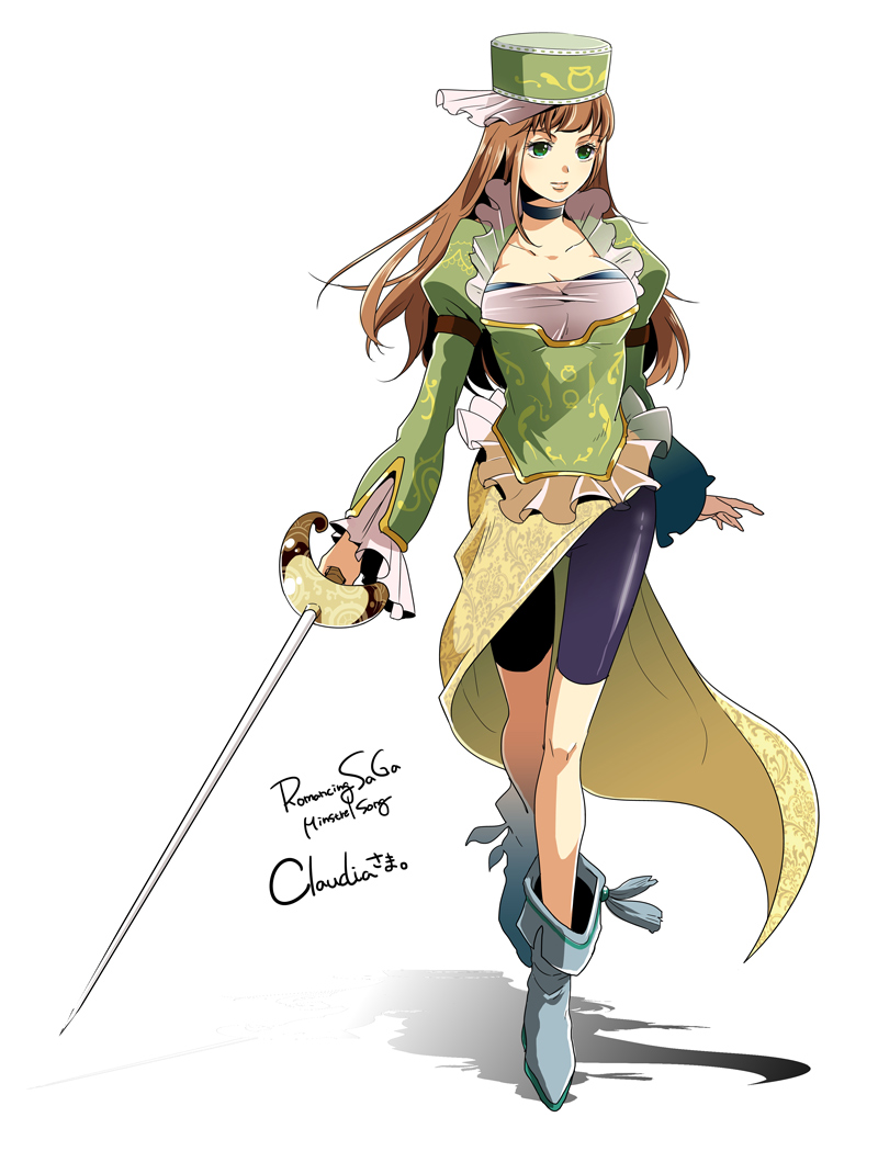 1girl bike_shorts bra breasts brown_hair chimaki_(impressiveanarchy) claudia_(saga) cleavage closed_mouth commentary_request green_eyes hat long_hair romancing_saga romancing_saga_minstrel_song saga solo standing underwear