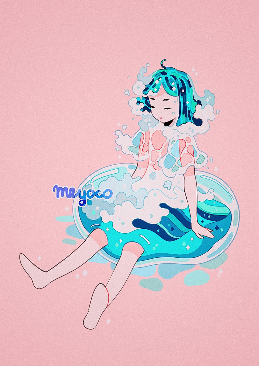 1girl artist_name bare_legs barefoot closed_eyes commentary highres liquid_clothes liquid_hair medium_hair meyoco open_mouth original pink_background simple_background solo sparkle waves