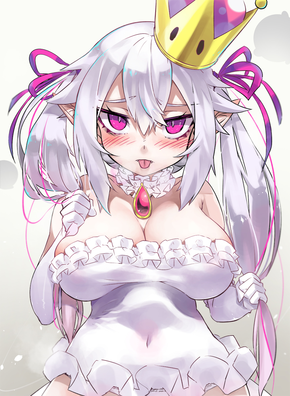1girl alternate_hairstyle bangs bare_shoulders blush breasts brooch cleavage collar covered_navel crown dress elbow_gloves eyebrows_visible_through_hair fangs fangs_out frilled_collar frilled_dress frilled_gloves frills gloves hair_between_eyes hair_ribbon highres jewelry large_breasts long_hair looking_at_viewer luigi's_mansion super_mario_bros. new_super_mario_bros._u_deluxe nintendo panties pointy_ears princess_king_boo purple_ribbon ribbon short_dress simple_background solo strapless strapless_dress super_crown tilted_headwear tongue tongue_out torieto twintails underwear upper_body white_dress white_gloves white_panties