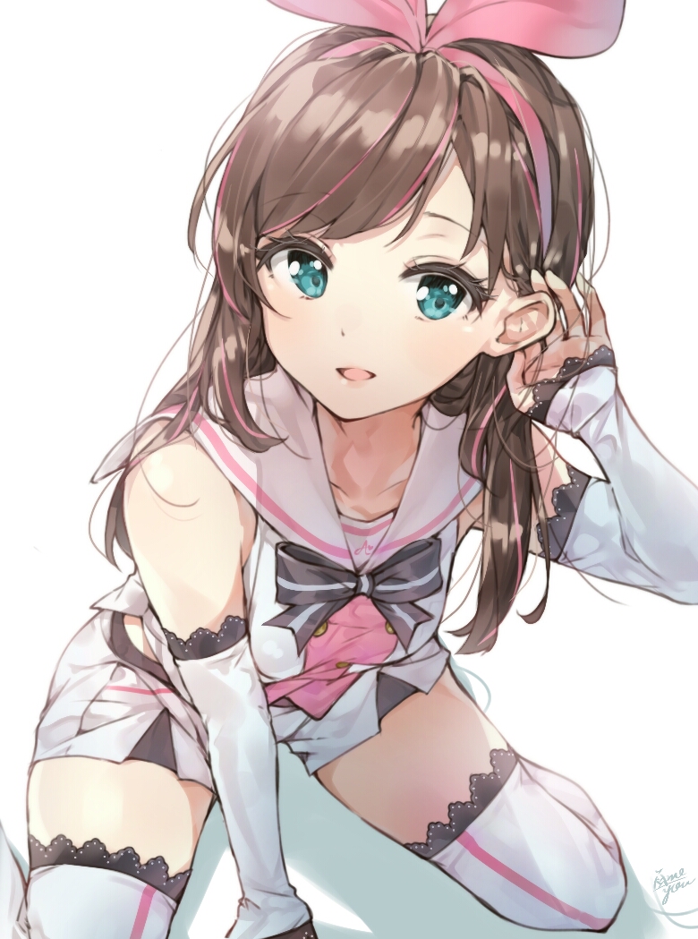 1girl a.i._channel arm_warmers black_ribbon brown_hair commentary_request eyebrows_visible_through_hair green_eyes hairband kizuna_ai kneeling lace lace-trimmed_sleeves lace-trimmed_thighhighs looking_at_viewer multicolored_hair pink_hair pink_hairband pink_ribbon ribbon sailor_collar shorts signature simple_background solo streaked_hair takenoko_no_you thigh-highs two-tone_hair virtual_youtuber white_background white_legwear white_sailor_collar white_shorts