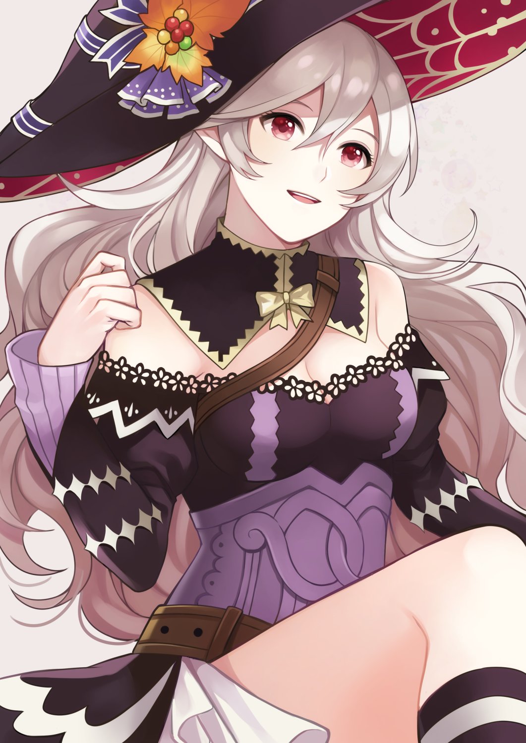 1girl aym_(ash3ash3ash) belt breasts cleavage detached_collar female_my_unit_(fire_emblem_if) fire_emblem fire_emblem_if hat highres long_hair long_sleeves medium_breasts my_unit_(fire_emblem_if) nintendo parted_lips pointy_ears red_eyes simple_background solo white_hair witch_hat